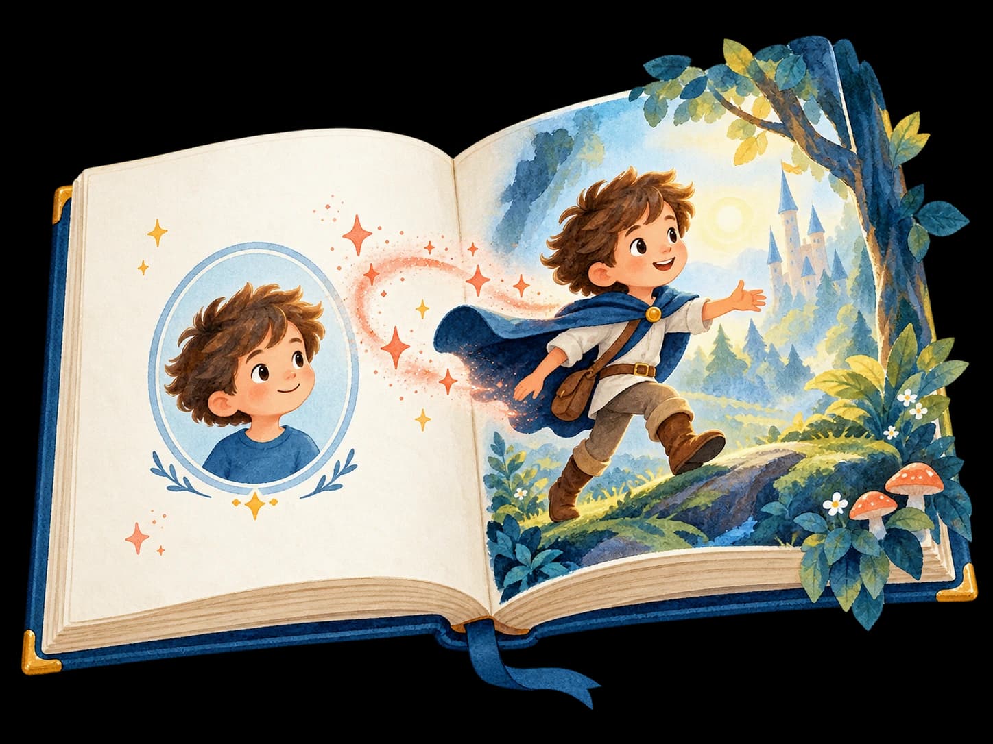 An open storybook: a child's portrait on the left page becomes an illustrated hero on the right